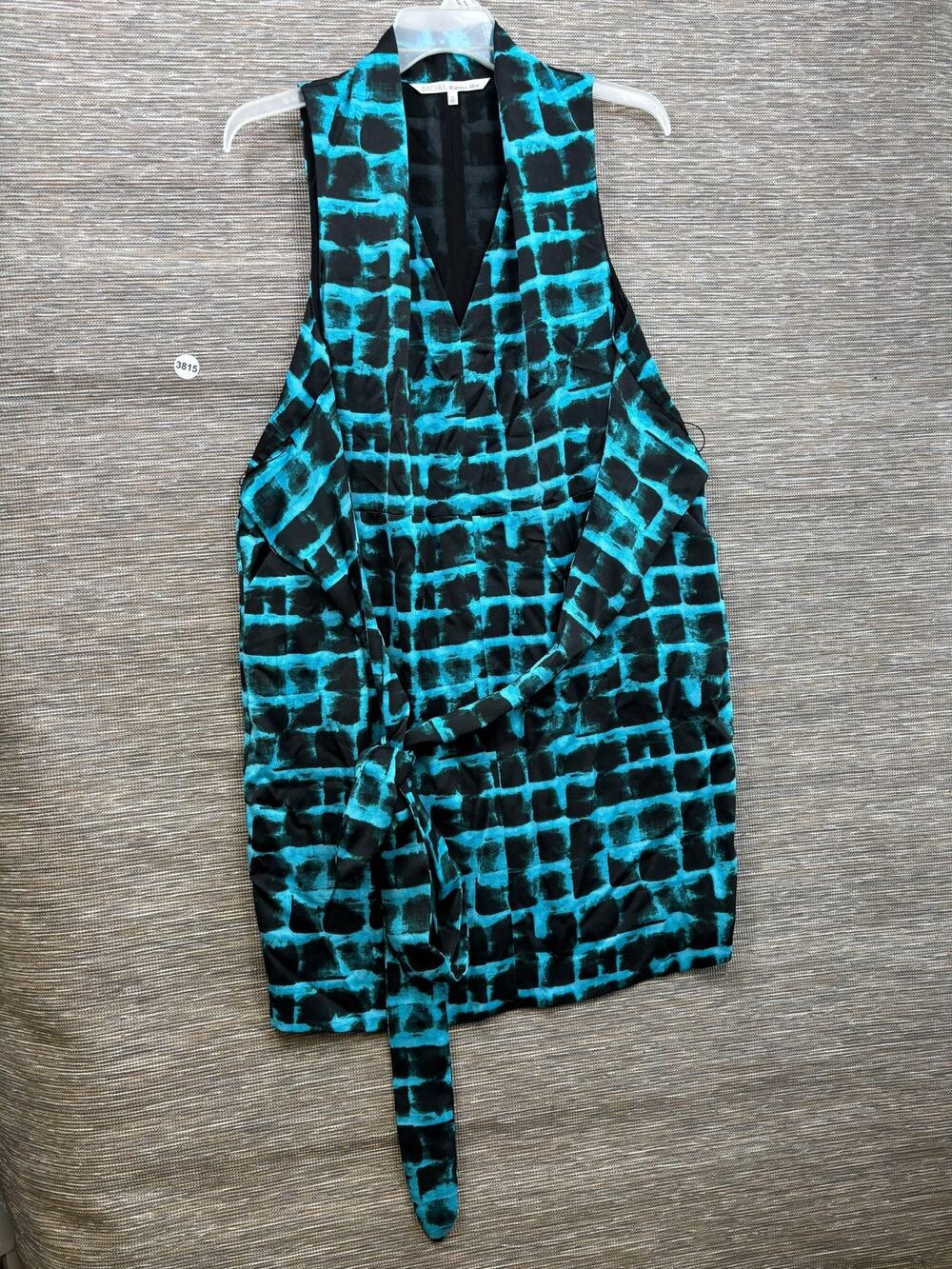Rachel Rachel Roy Dress Womens 12 Blue Geometric Belted Sleeveless Sheath V Neck